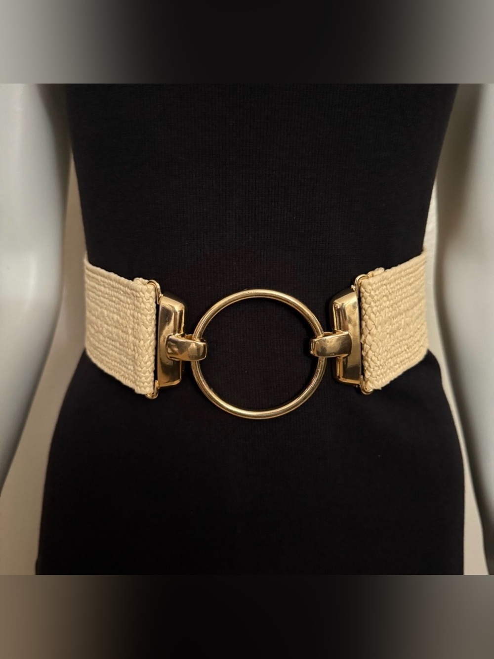 Ivory paper stretchy waistband belt with gold tone circle buckle